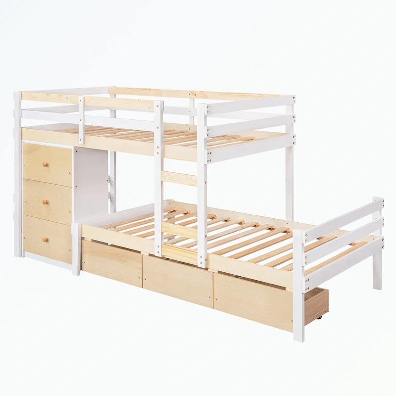 Lit superposé mezzanine double sur double, couleur naturel/gris, avec 6 tiroirs et une échelle, pour 2 personnes