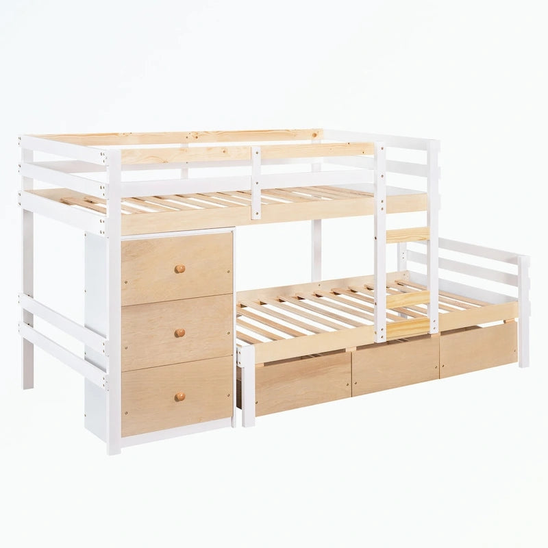 Lit superposé mezzanine double sur double, couleur naturel/gris, avec 6 tiroirs et une échelle, pour 2 personnes