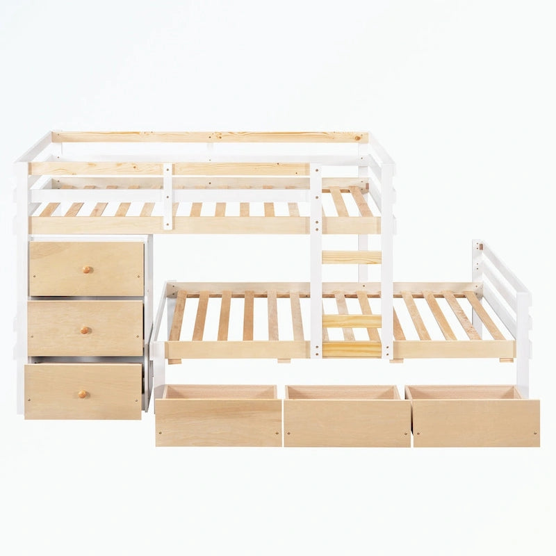 Lit superposé mezzanine double sur double, couleur naturel/gris, avec 6 tiroirs et une échelle, pour 2 personnes