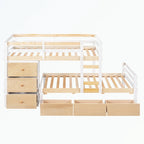 Lit superposé mezzanine double sur double, couleur naturel/gris, avec 6 tiroirs et une échelle, pour 2 personnes