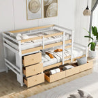 Lit superposé mezzanine double sur double, couleur naturel/gris, avec 6 tiroirs et une échelle, pour 2 personnes