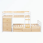 Lit superposé mezzanine double sur double, couleur naturel/gris, avec 6 tiroirs et une échelle, pour 2 personnes