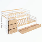 Lit superposé mezzanine double sur double, couleur naturel/gris, avec 6 tiroirs et une échelle, pour 2 personnes