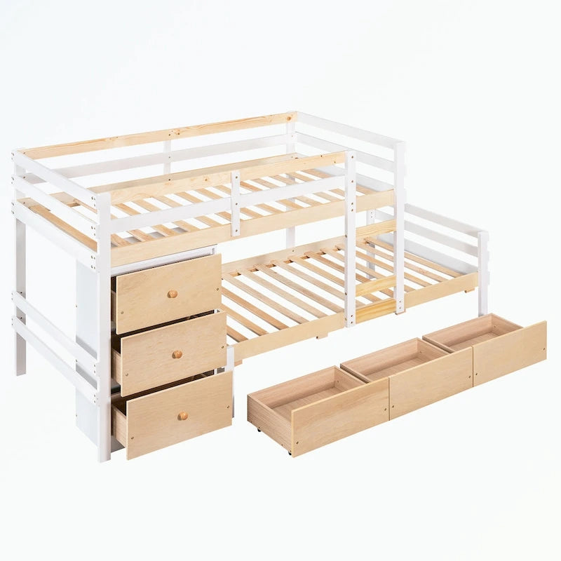 Lit superposé mezzanine double sur double, couleur naturel/gris, avec 6 tiroirs et une échelle, pour 2 personnes