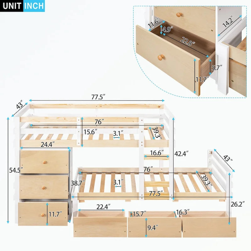 Lit superposé mezzanine double sur double, couleur naturel/gris, avec 6 tiroirs et une échelle, pour 2 personnes