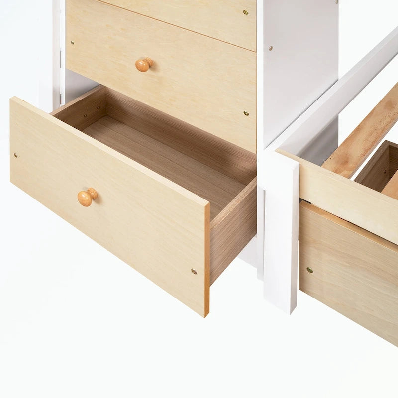 Lit superposé mezzanine double sur double, couleur naturel/gris, avec 6 tiroirs et une échelle, pour 2 personnes