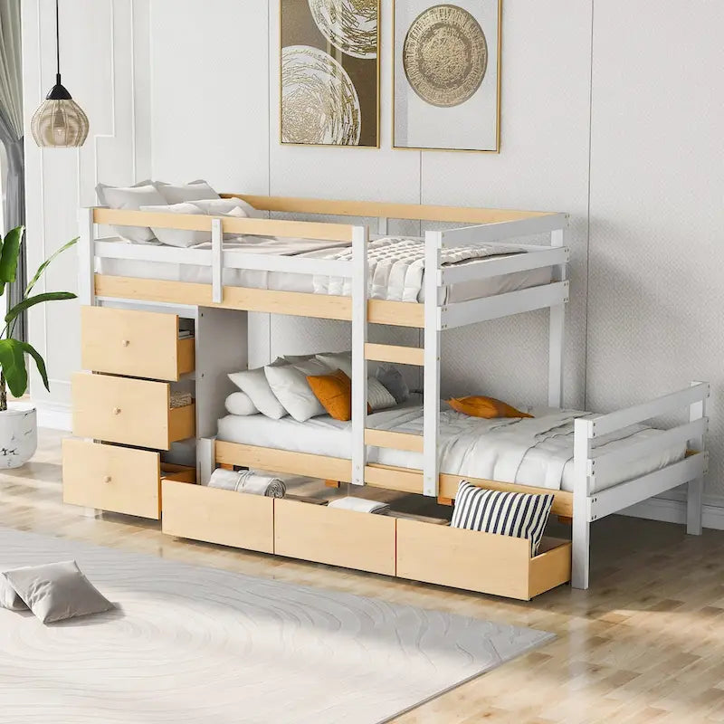 Lit superposé mezzanine double sur double, couleur naturel/gris, avec 6 tiroirs et une échelle, pour 2 personnes
