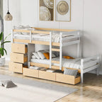 Lit superposé mezzanine double sur double, couleur naturel/gris, avec 6 tiroirs et une échelle, pour 2 personnes