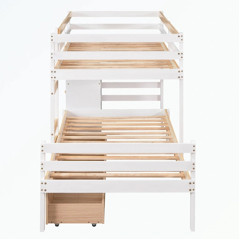 Lit superposé mezzanine double sur double, couleur naturel/gris, avec 6 tiroirs et une échelle, pour 2 personnes