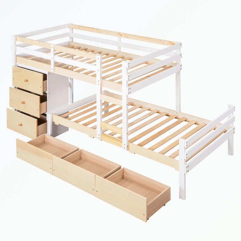 Lit superposé mezzanine double sur double, couleur naturel/gris, avec 6 tiroirs et une échelle, pour 2 personnes