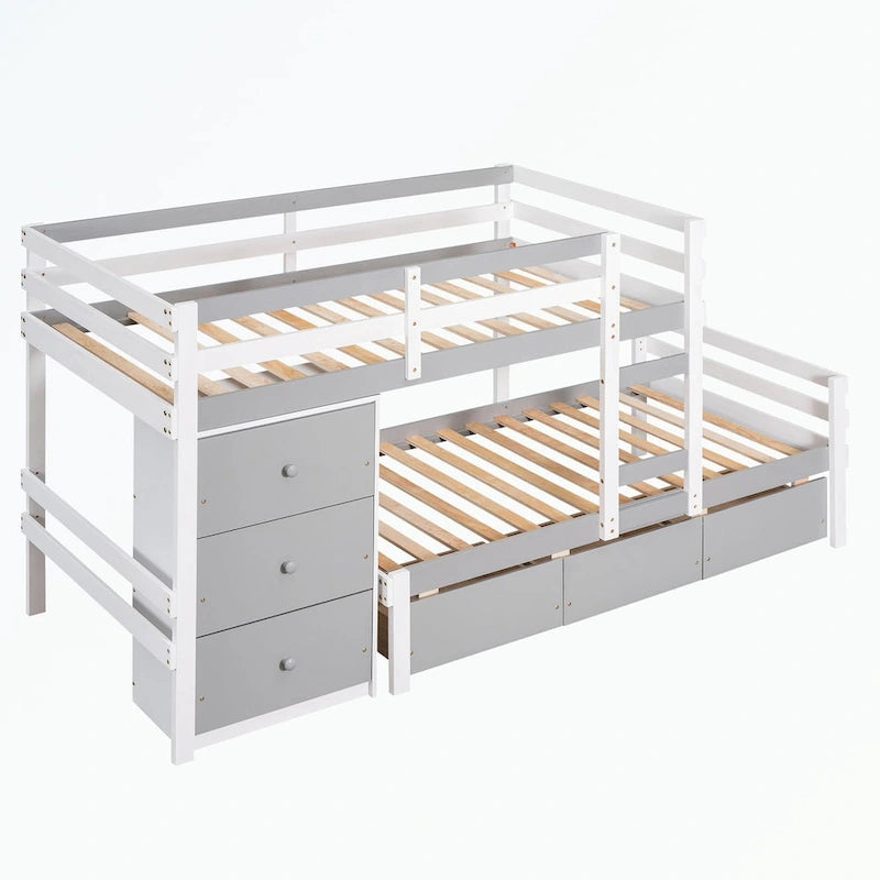 Lit superposé mezzanine double sur double, couleur naturel/gris, avec 6 tiroirs et une échelle, pour 2 personnes