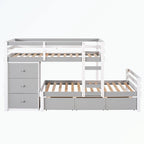Lit superposé mezzanine double sur double, couleur naturel/gris, avec 6 tiroirs et une échelle, pour 2 personnes