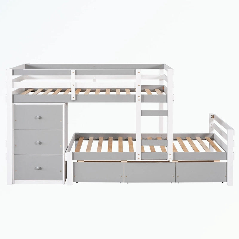 Lit superposé mezzanine double sur double, couleur naturel/gris, avec 6 tiroirs et une échelle, pour 2 personnes