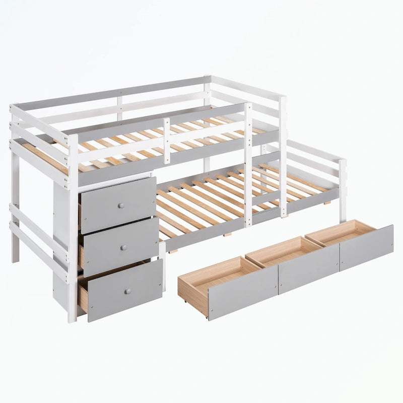 Lit superposé mezzanine double sur double, couleur naturel/gris, avec 6 tiroirs et une échelle, pour 2 personnes