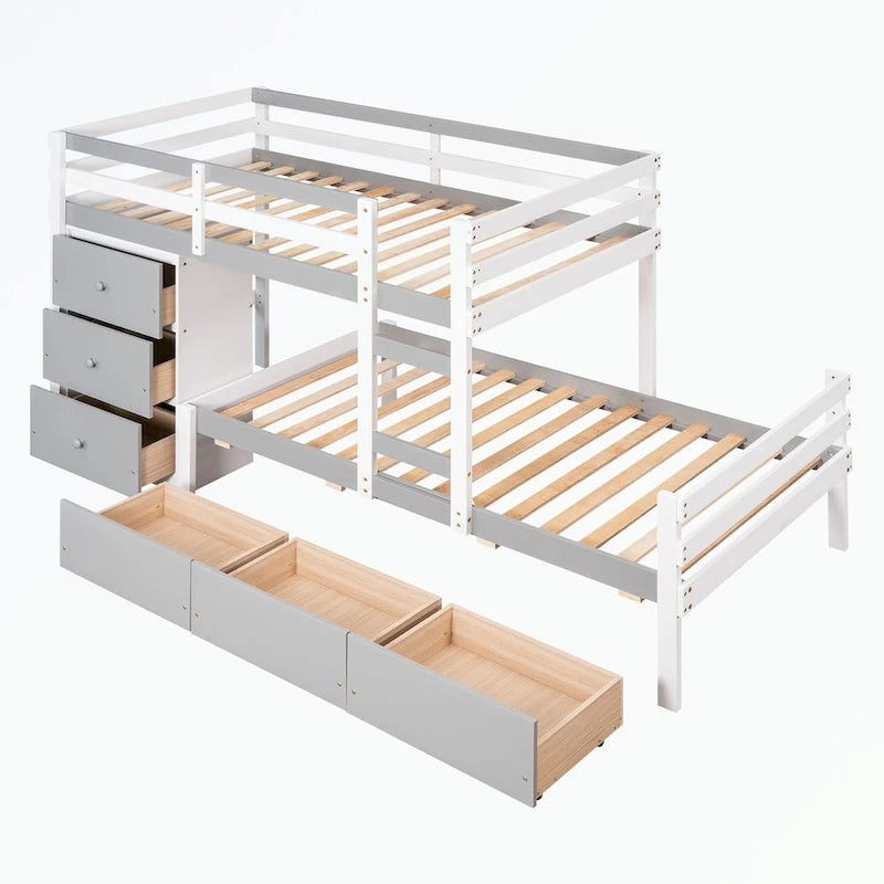 Lit superposé mezzanine double sur double, couleur naturel/gris, avec 6 tiroirs et une échelle, pour 2 personnes