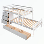 Lit superposé mezzanine double sur double, couleur naturel/gris, avec 6 tiroirs et une échelle, pour 2 personnes
