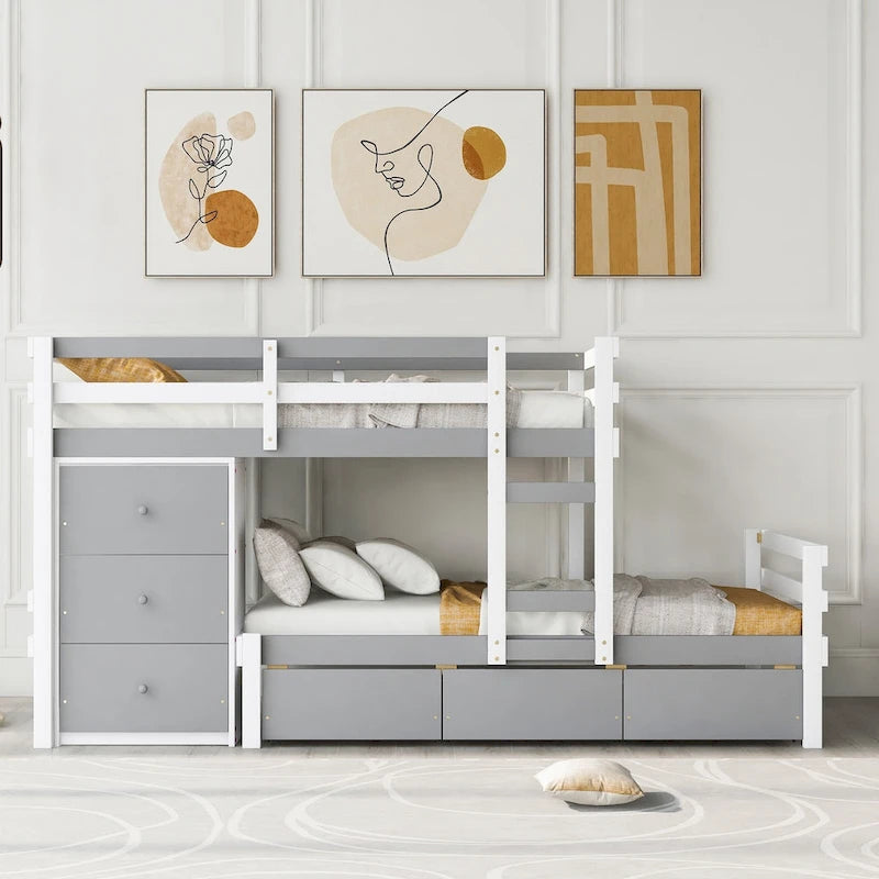 Lit superposé mezzanine double sur double, couleur naturel/gris, avec 6 tiroirs et une échelle, pour 2 personnes