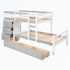 Lit superposé mezzanine double sur double, couleur naturel/gris, avec 6 tiroirs et une échelle, pour 2 personnes