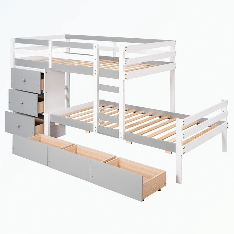Lit superposé mezzanine double sur double, couleur naturel/gris, avec 6 tiroirs et une échelle, pour 2 personnes