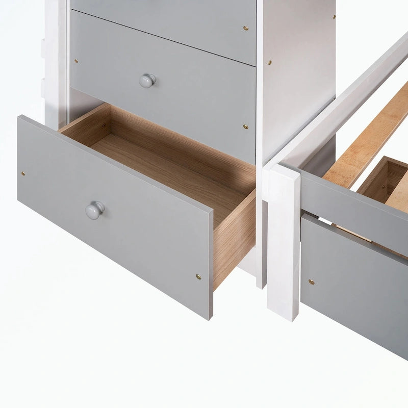 Lit superposé mezzanine double sur double, couleur naturel/gris, avec 6 tiroirs et une échelle, pour 2 personnes