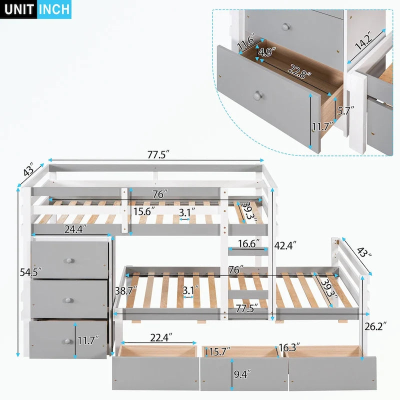 Lit superposé mezzanine double sur double, couleur naturel/gris, avec 6 tiroirs et une échelle, pour 2 personnes