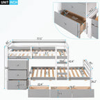 Lit superposé mezzanine double sur double, couleur naturel/gris, avec 6 tiroirs et une échelle, pour 2 personnes
