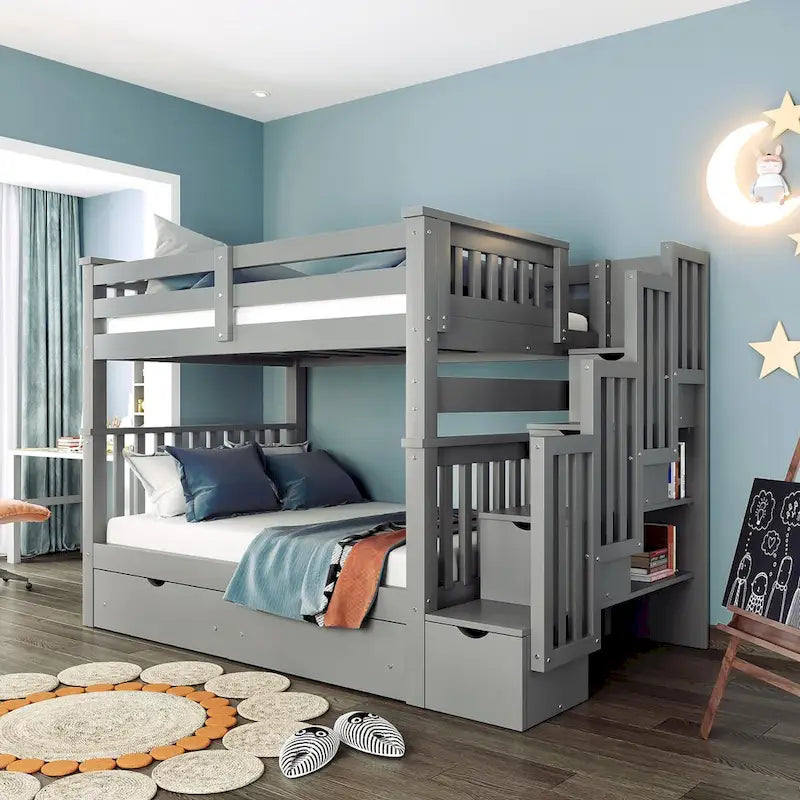 Full Over Full Kids Bunk Bed with Shelves, Drawers - Gray/White, Plywood MDF Pinewood