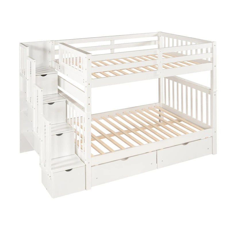 Lit superposé avec escalier, tiroirs et étagères, blanc, deux couchages, grand sur grand