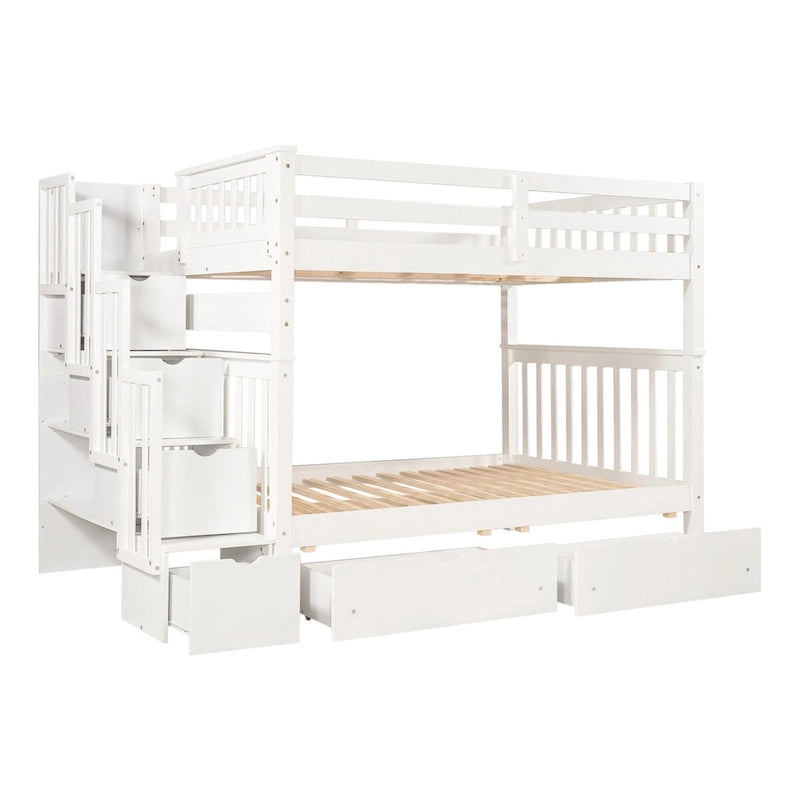 Lit superposé avec escalier, tiroirs et étagères, blanc, deux couchages, grand sur grand