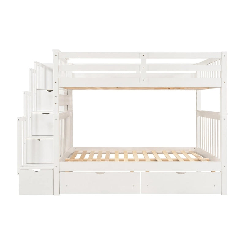 Lit superposé avec escalier, tiroirs et étagères, blanc, deux couchages, grand sur grand