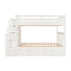 Lit superposé avec escalier, tiroirs et étagères, blanc, deux couchages, grand sur grand