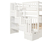 Lit superposé avec escalier, tiroirs et étagères, blanc, deux couchages, grand sur grand