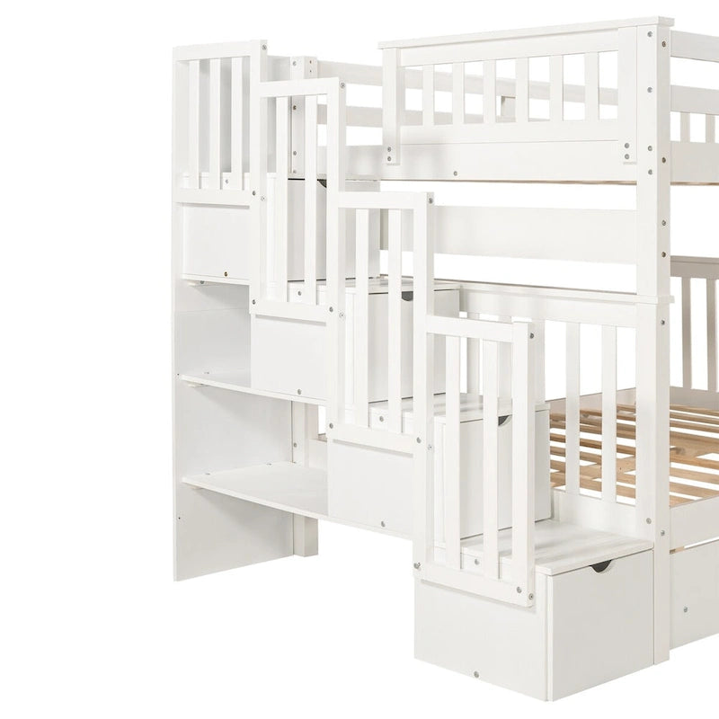 Lit superposé avec escalier, tiroirs et étagères, blanc, deux couchages, grand sur grand