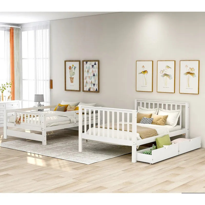 Lit superposé avec escalier, tiroirs et étagères, blanc, deux couchages, grand sur grand