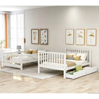 Lit superposé avec escalier, tiroirs et étagères, blanc, deux couchages, grand sur grand