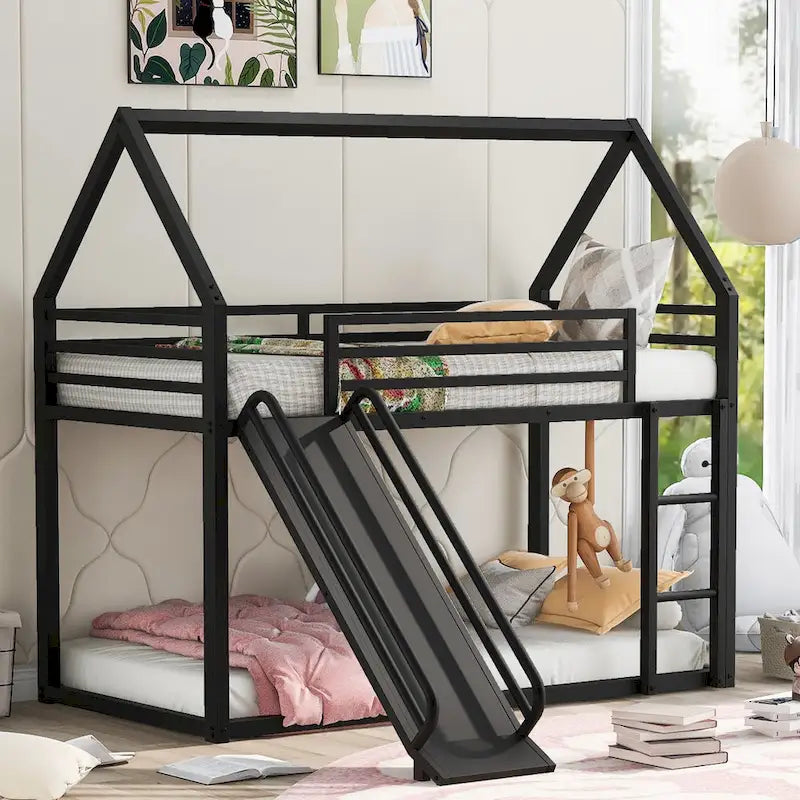 Twin over Twin House Bunk Bed with Ladder and Slide