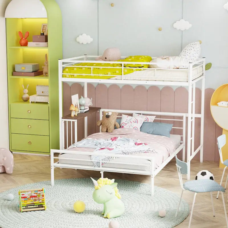 Twin Over Full Metal Bunk Bed with Desk, Ladder and Quality Slats for Bedroom