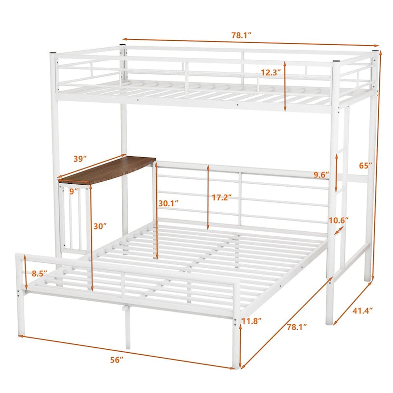 Lit superposé en métal noir/argent/blanc avec bureau et échelle, 2 couchages