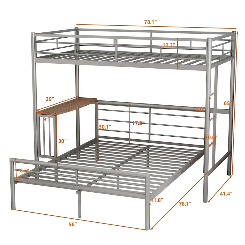 Lit superposé en métal noir/argent/blanc avec bureau et échelle, 2 couchages