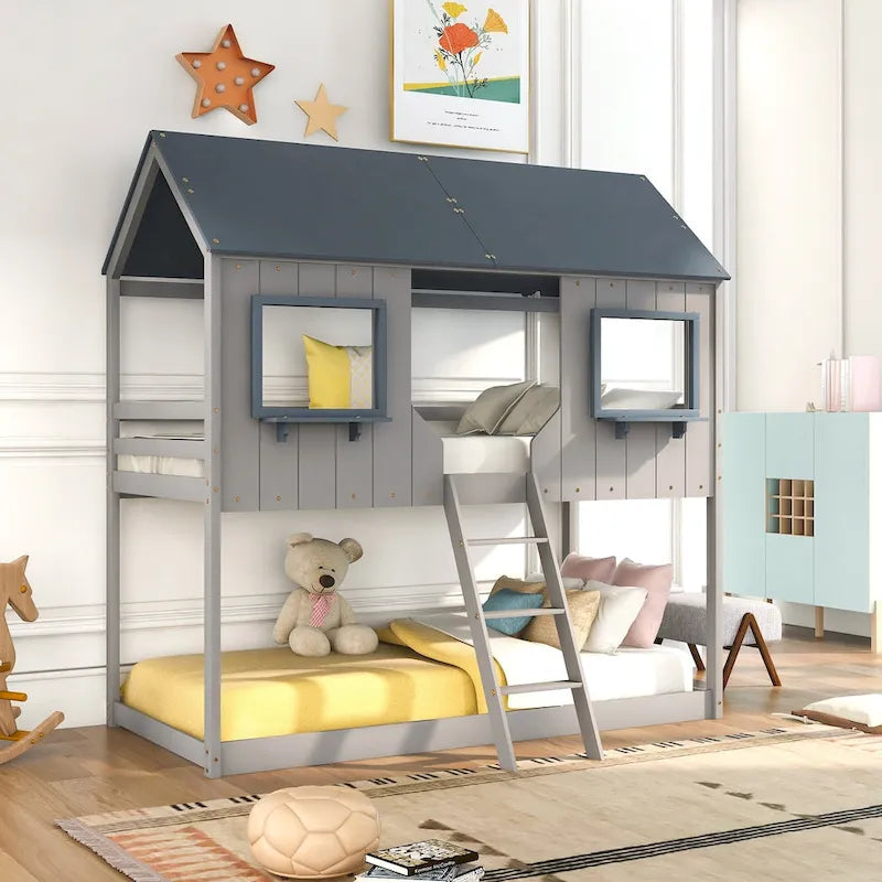 Lit superposé jumeau sur jumeau Playhouse gris, barrières de sécurité et échelle, 2 couchages