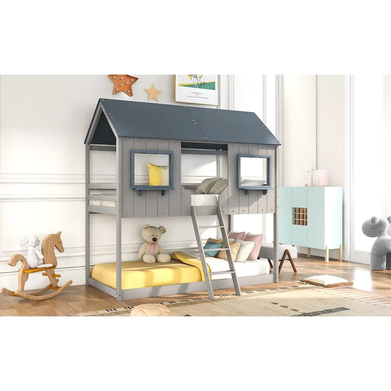 Lit superposé jumeau sur jumeau Playhouse gris, barrières de sécurité et échelle, 2 couchages