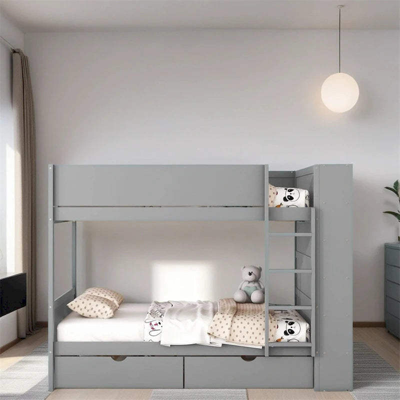 Lit superposé en bois gris et blanc avec tiroirs et armoire, 2 couchages