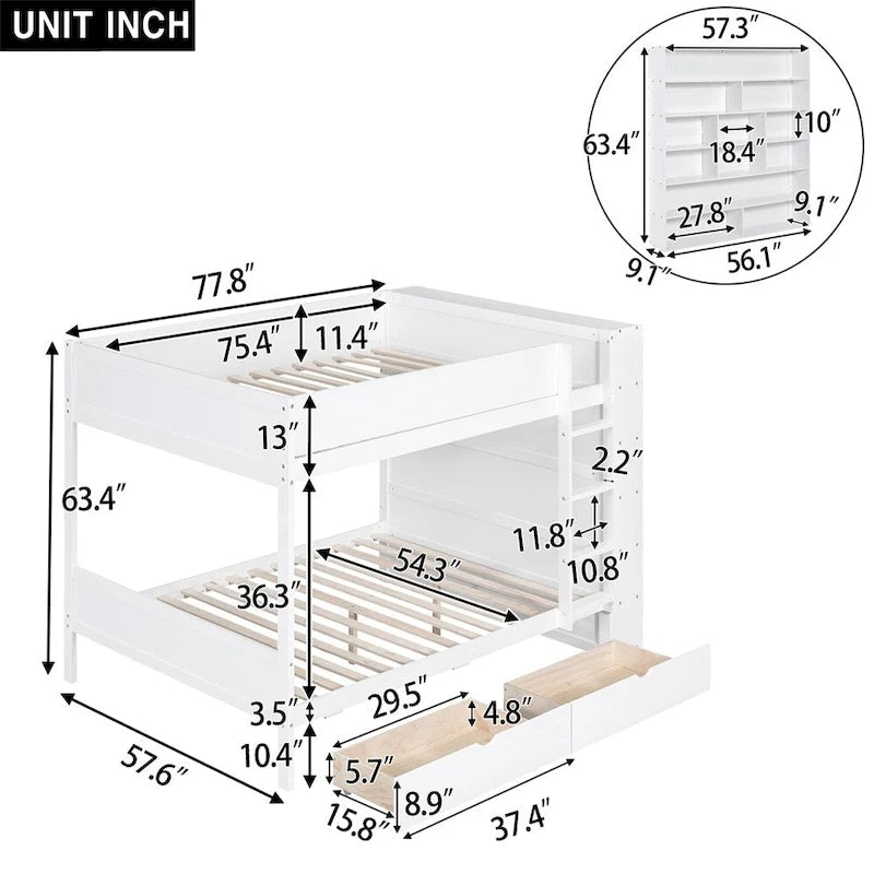 Lit superposé en bois gris et blanc avec tiroirs et armoire, 2 couchages
