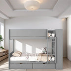 Lit superposé en bois gris et blanc avec tiroirs et armoire, 2 couchages