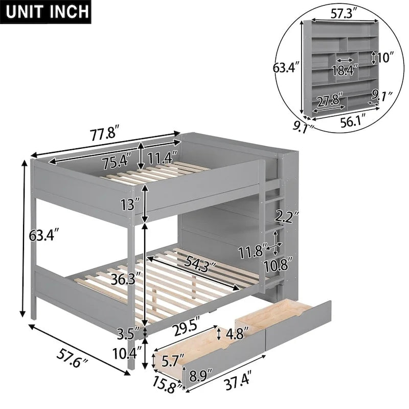 Lit superposé en bois gris et blanc avec tiroirs et armoire, 2 couchages