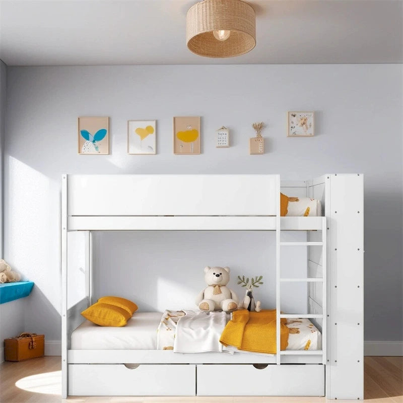 Lit superposé en bois gris et blanc avec tiroirs et armoire, 2 couchages