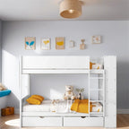 Lit superposé en bois gris et blanc avec tiroirs et armoire, 2 couchages