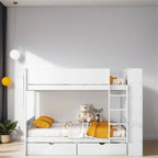 Lit superposé en bois gris et blanc avec tiroirs et armoire, 2 couchages