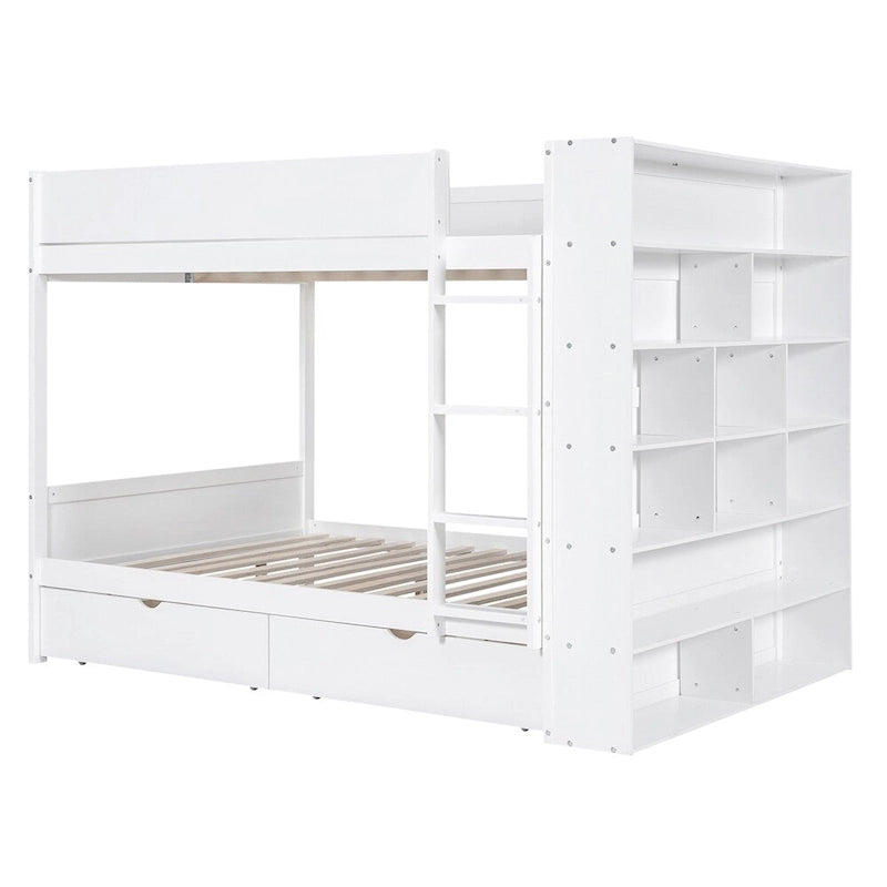 Lit superposé en bois gris et blanc avec tiroirs et armoire, 2 couchages