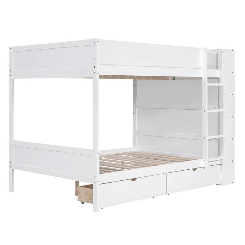 Lit superposé en bois gris et blanc avec tiroirs et armoire, 2 couchages